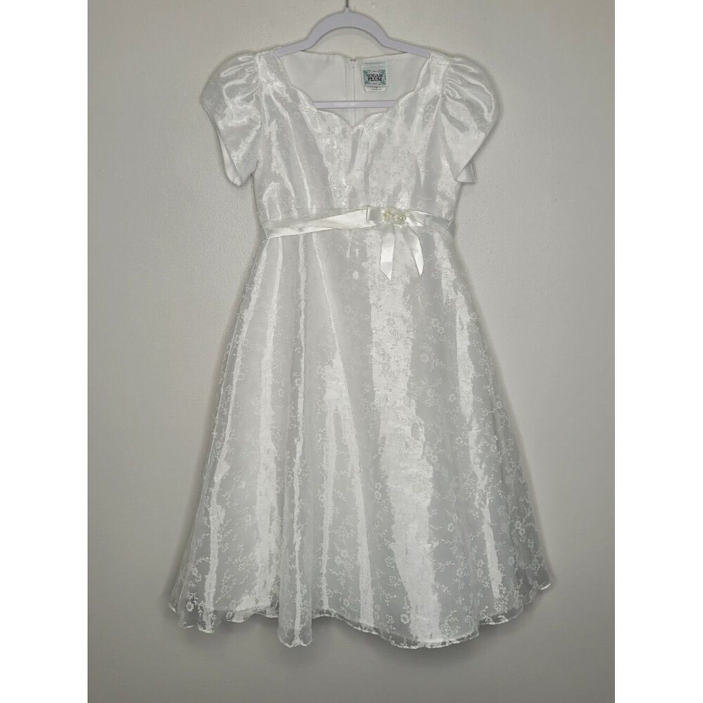 Vintage Sugar Plum white girls bow tie short sleeve mini bridal church dress 10
